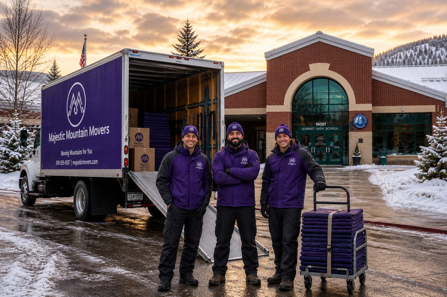 Majestic Mountain Movers crew at Summit High School with moving truck and equipment at sunset