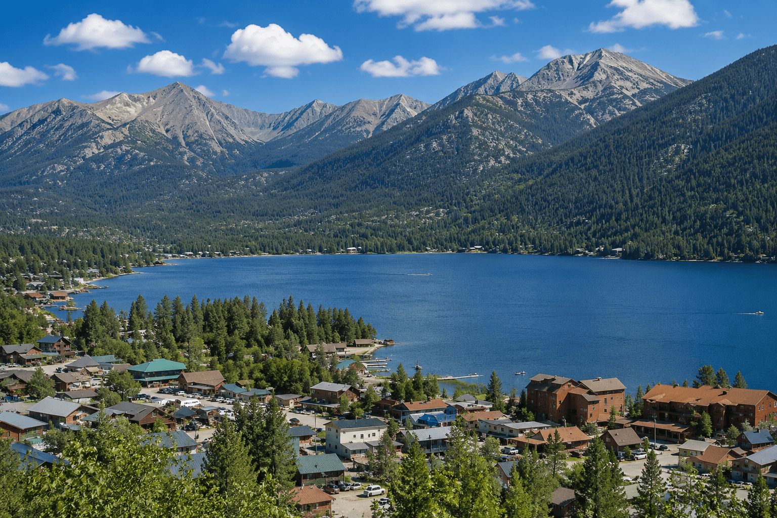 Aerial view of Grand Lake town and Colorado's largest natural lake with mountain peaks