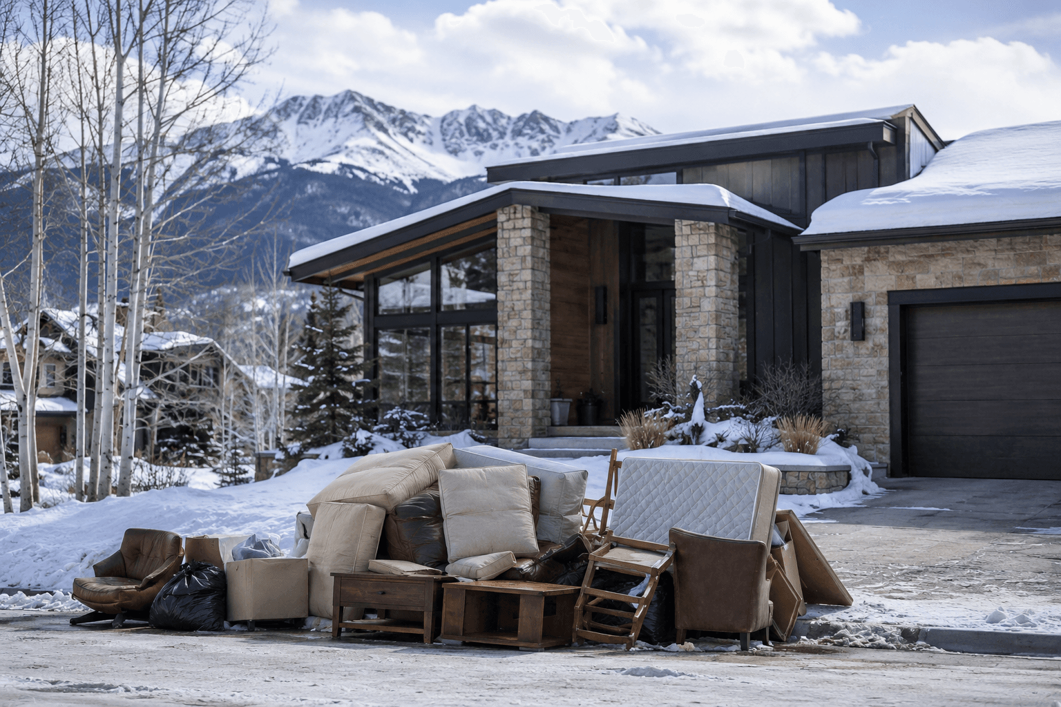 Furniture and items piled in driveway of mountain home ready for junk removal
