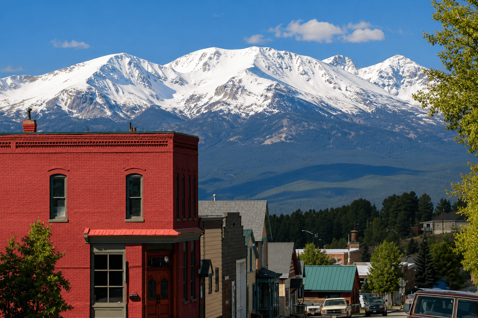 Historic red brick buildings on Harrison Avenue in Leadville with snow-capped Mount Elbert and Mount Massive in background
