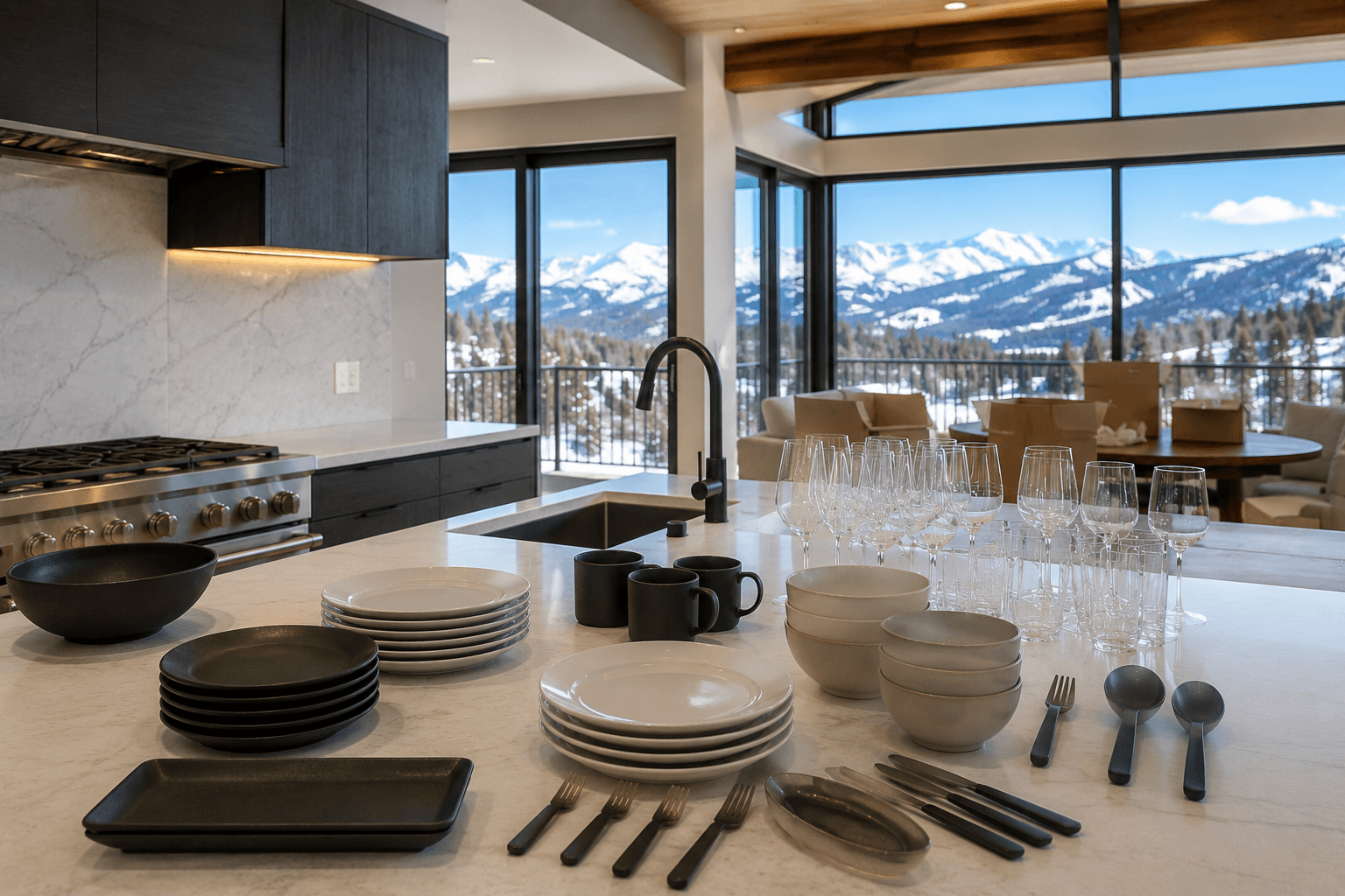 Kitchen with dishes and glassware neatly arranged on countertop after unpacking
