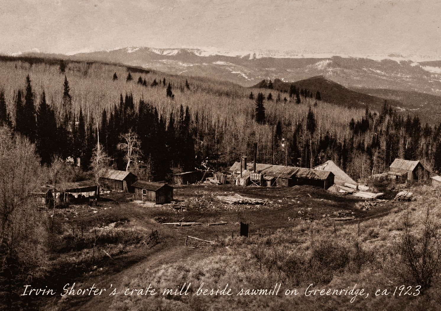 Historic 1923 photo of Irvin Shorter's crate mill and sawmill on Greenridge near Yampa, Colorado