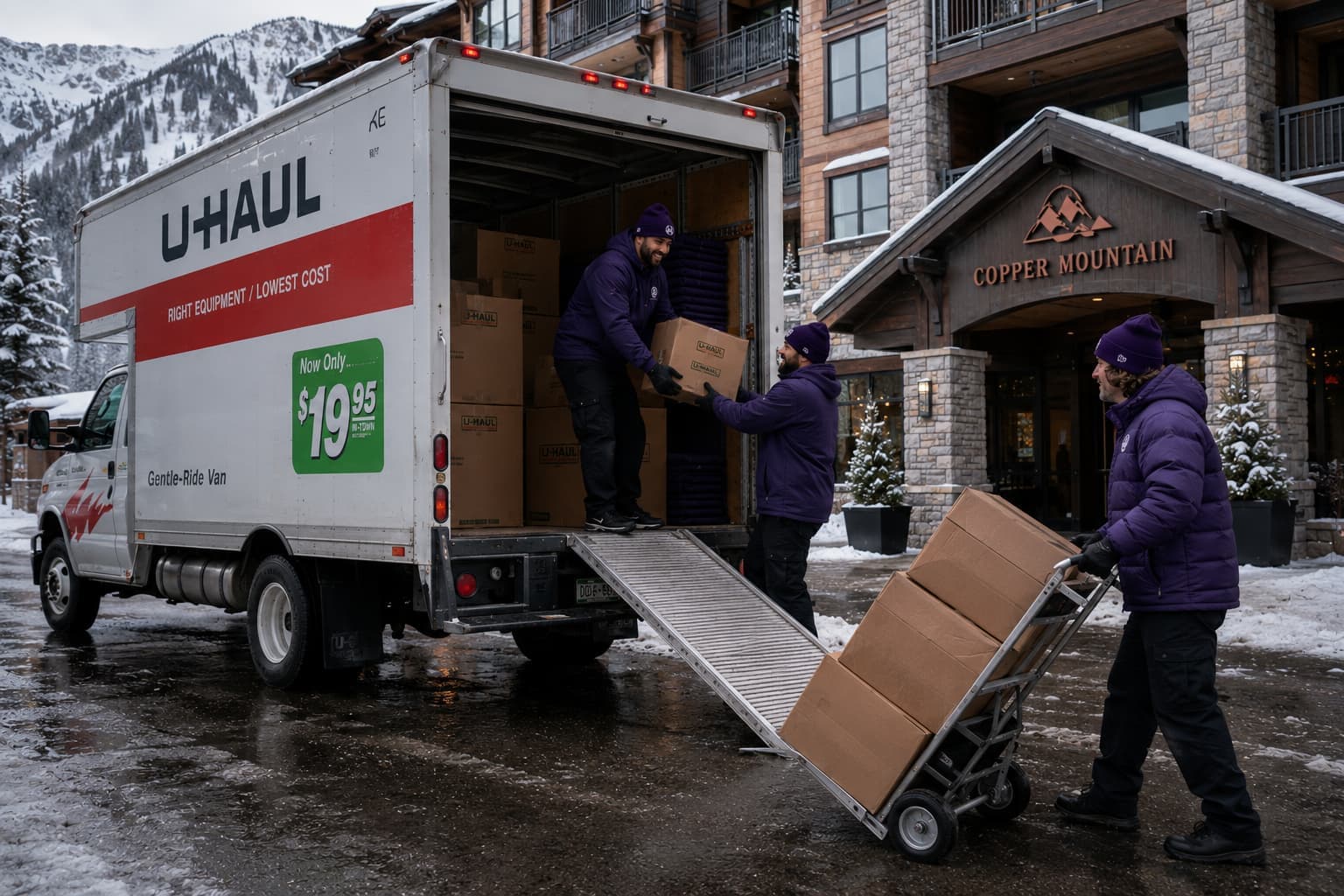 Majestic Mountain Movers crew unloading a U-Haul truck at Copper Mountain Colorado