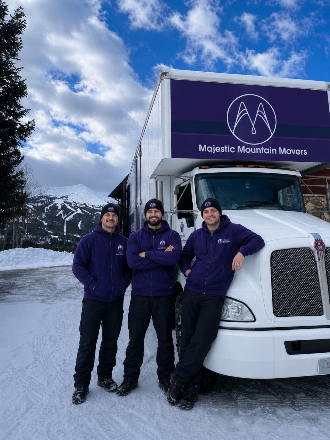Three Majestic Mountain Movers crew members in purple uniforms standing in front of branded moving truck with snowy Colorado mountains in background